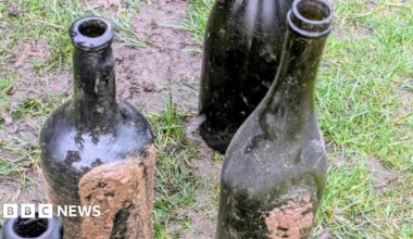 Four dark green gloss bottles, some encrusted with mud, standing on a muddy patch of grass