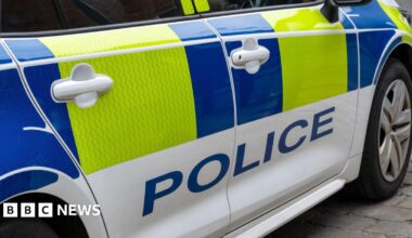 Close-up of the side of a marked Metropolitan Police car, showing blue and fluorescent yellow markings and the word “police” on the door.