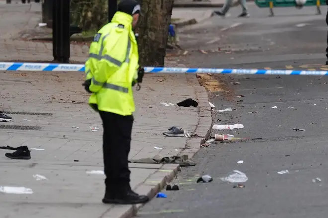 Shoes and blankets at the scene in Friar Gate, Derby, where a number of people had been injured after being hit by a car in the city centre on Saturday night
