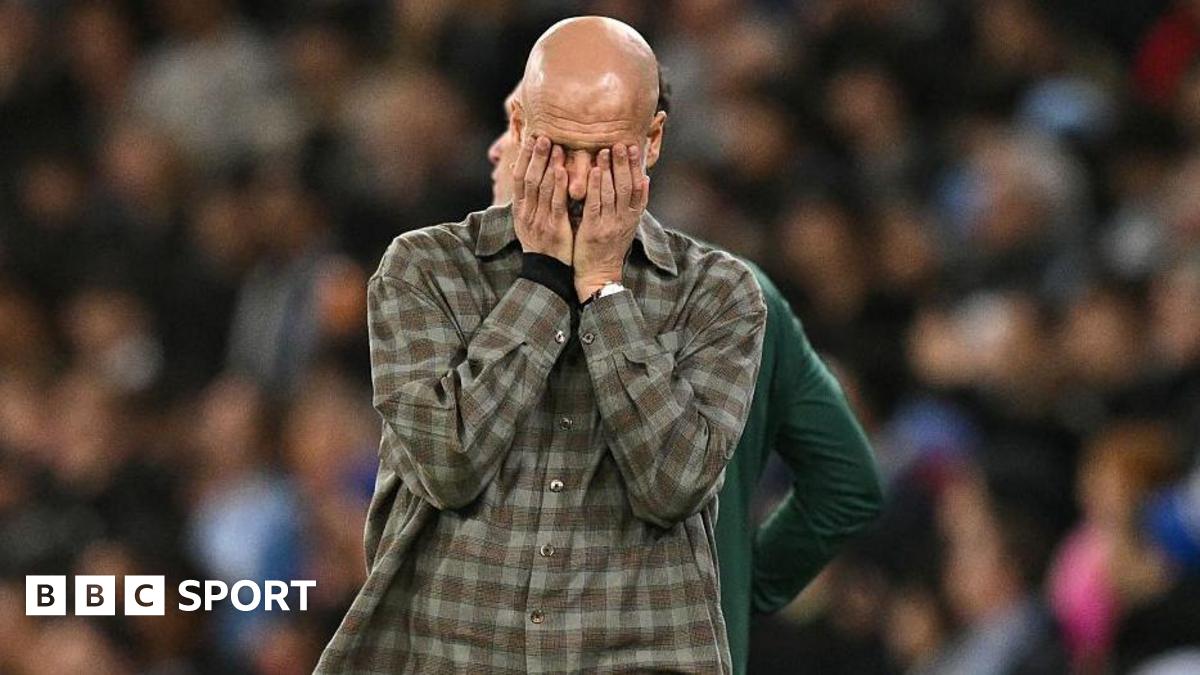 Pep Guardiola has his head in his hands during Man City's loss to Real Madrid in the Champions League