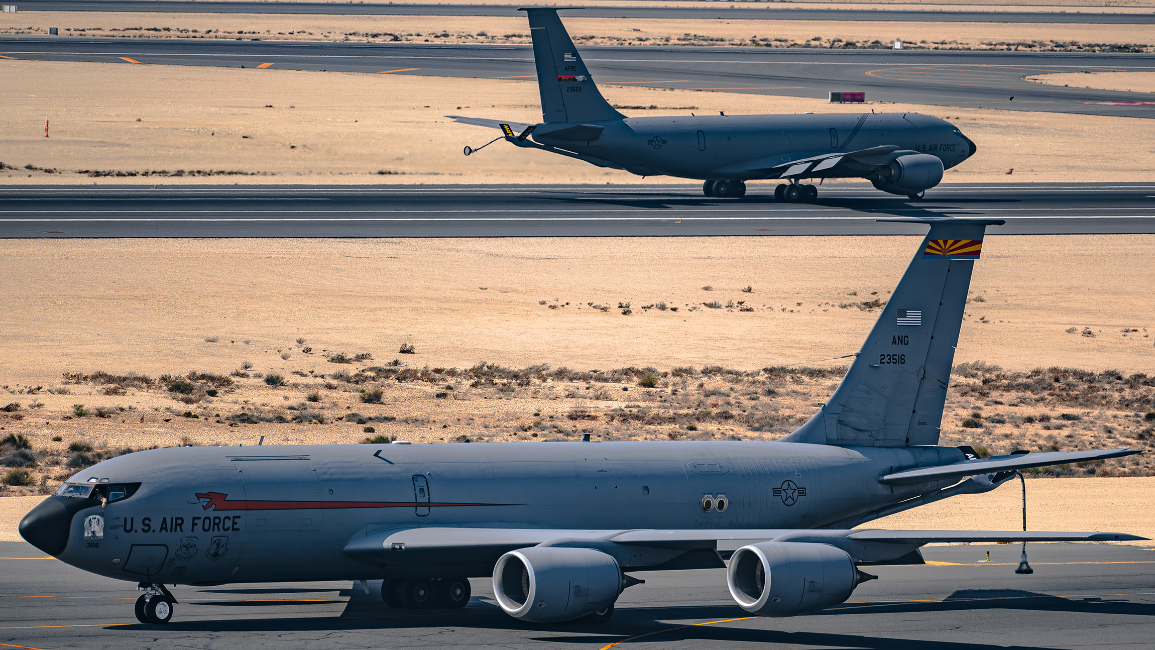 U.S. Air Force KC-135 Stratotankers assigned to the 91st Expeditionary Air Refueling Squadron taxi within the U.S. Central Command area of responsibility, Feb. 1, 2025. The KC-135's aerial refueling capability allows aircraft to fly longer distances without having to land, making it an essential asset for supporting long-range operations in the CENTCOM AOR. (U.S. Air Force photo by Airman 1st Class Zeeshan Naeem)