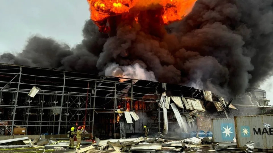 Firefighters worked to contain a huge blaze that broke out an industrial site in central Israel on Sunday. - Israel Fire and Rescue Services