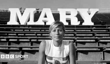 Mary Rand in action in the long jump at the 1964 Olympics