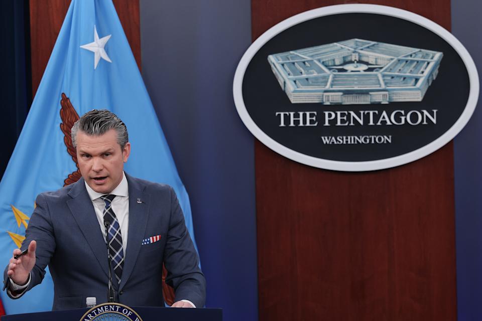 Defense Secretary Pete Hegseth speaks about military operations in Iran during a press briefing on March 19. (Win McNamee/Getty Images)