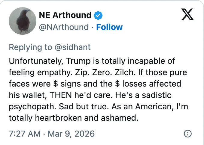 Tweet criticizing Trump for lack of empathy, calling him a sadistic psychopath, and expressing sadness and shame as an American