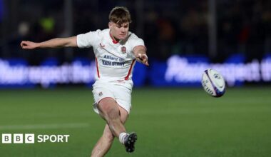 Finn Keylock kicking a conversion for England