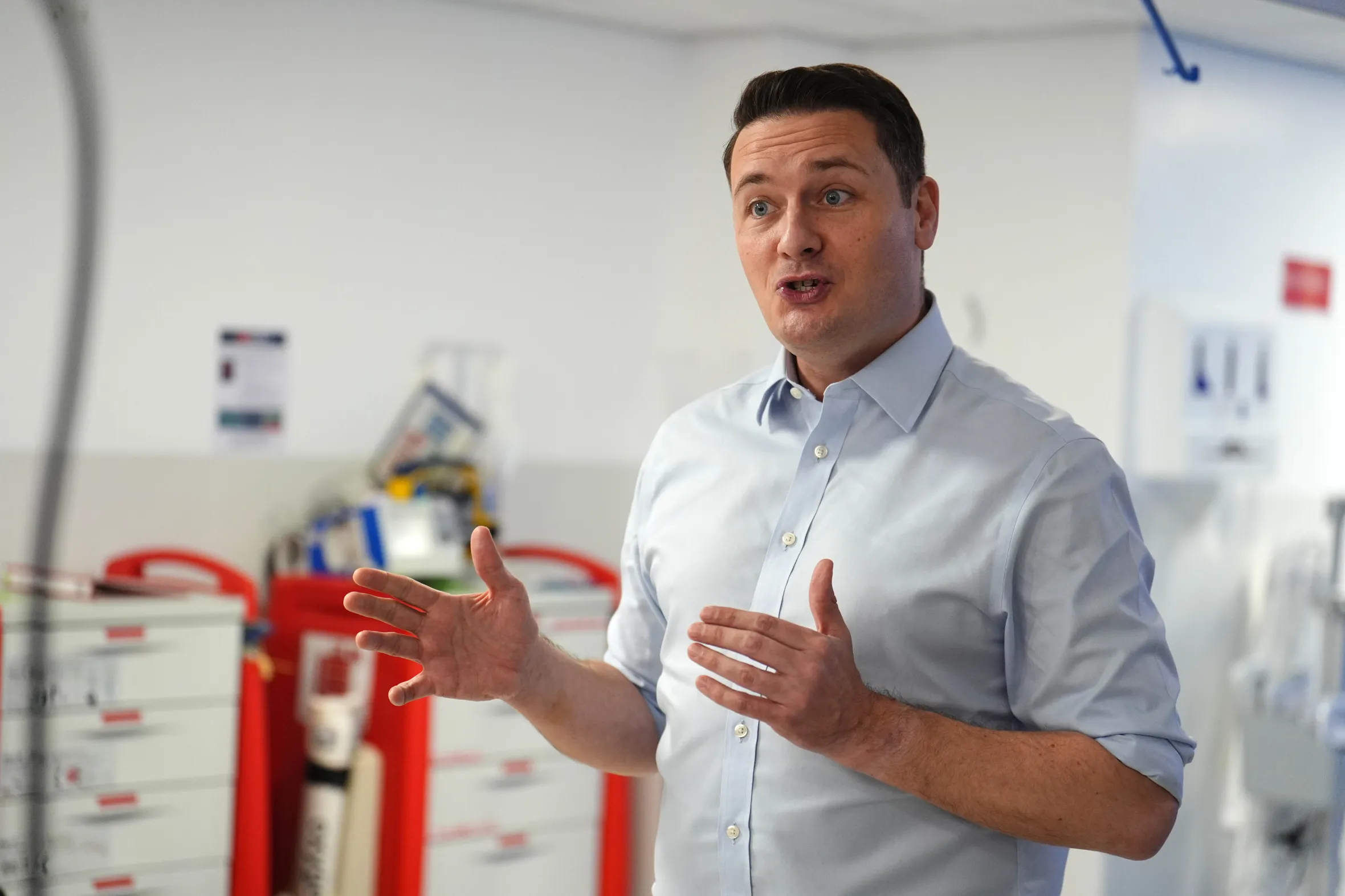 Health Secretary Wes Streeting speaking to the media at Trafford General Hospital.