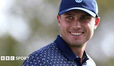 Ludvig Aberg smiling during round three of the Players Championship