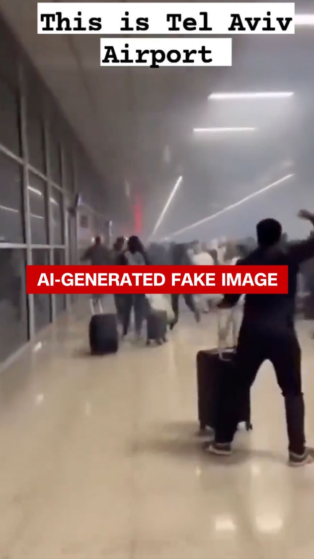 A screengrab from an AI generated video shows a fake scene in an airport.