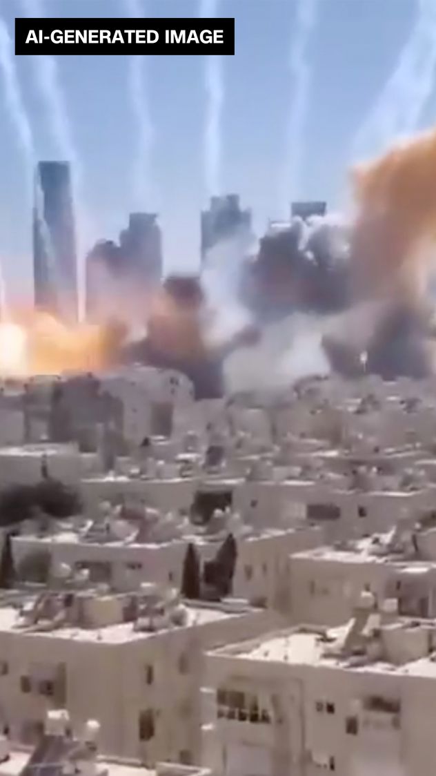 An image from an AI-generated video that shows a fictional barrage of missiles landing in Tel Aviv, Israel.