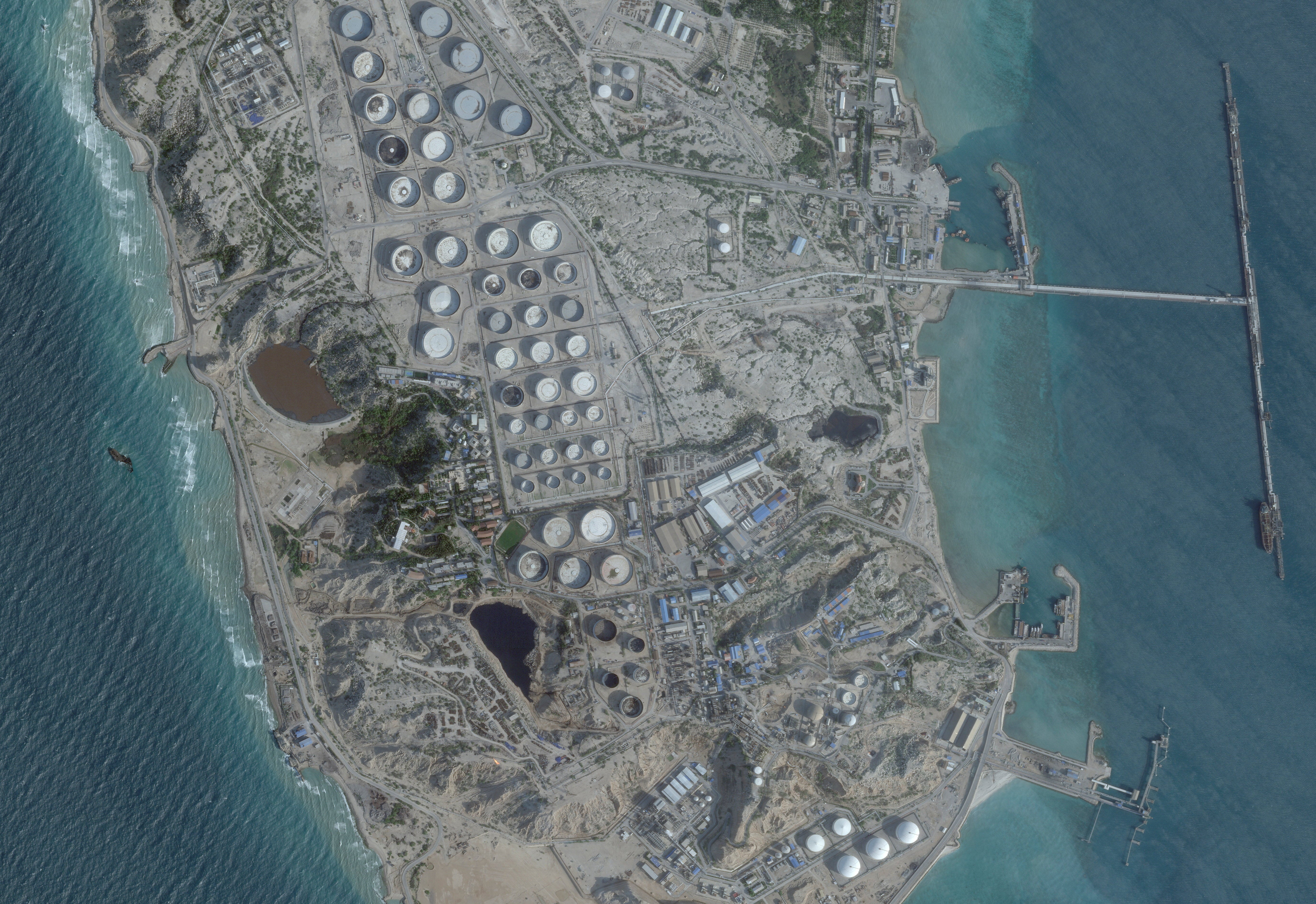 A satellite image shows an oil terminal at Kharg Island