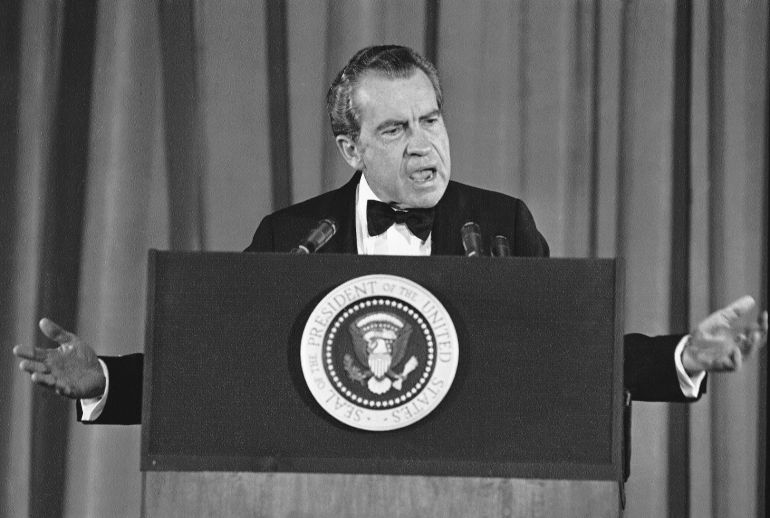 U.S. President Richard Nixon tells a group of Republican campaign contributors, he will get to the bottom of the Watergate scandal during a speech on Wednesday, May 9, 1973 in Washington. Nixon addressed a 1,000-a-plate fund-raising dinner for the 1974 congressional campaign. (AP Photo/John Duricka)