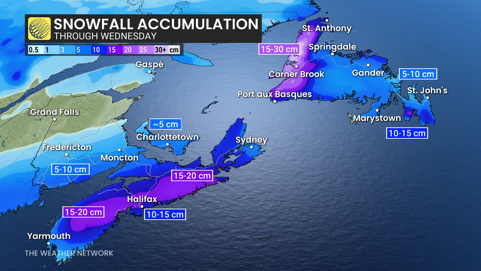 Atlantic Canada Wednesday forecast snow totals - March 2, 2026