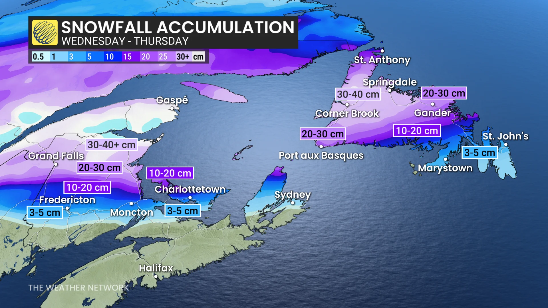 Atlantic Canada snowfall outlook Wednesday to Thursday