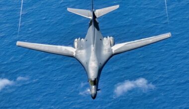 A U.S. Air Force B-1B Lancer assigned to the 34th Expeditionary Bomb Squadron, Ellsworth Air Force Base, S.D., descends after conducting aerial refueling with a KC-135 Stratotanker assigned to the 506th Expeditionary Air Refueling Squadron in support of Bomber Task Force 25-1 over the Pacific Ocean, Mar. 4, 2025. Bomber Task Force enhances readiness, to include joint and multilateral, to respond to any potential crisis or challenge in the Indo-Pacific. (U.S. Air Force photo by Airman 1st Class Alec Carlberg)
