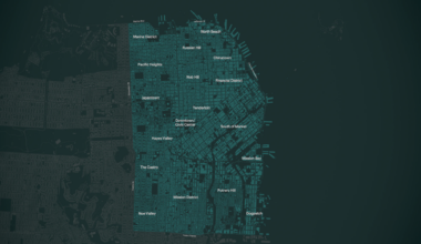 A map highlights San Francisco neighborhoods, including Marina District, North Beach, Chinatown, Mission District, and Dogpatch.