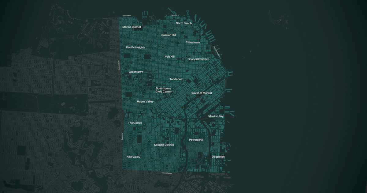 A map highlights San Francisco neighborhoods, including Marina District, North Beach, Chinatown, Mission District, and Dogpatch.