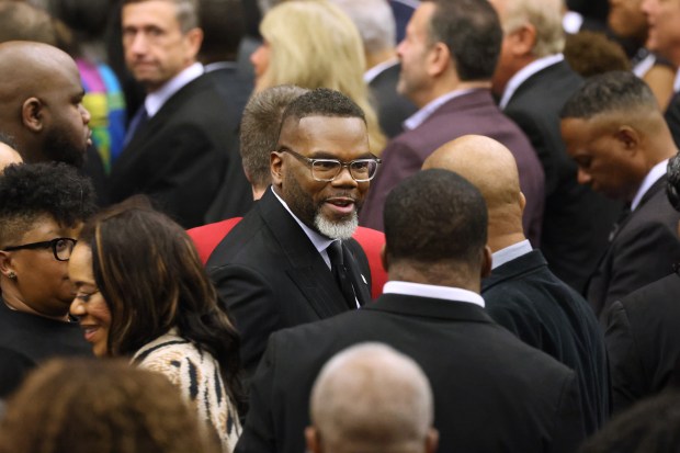 Chicago Mayor Brandon Johnson attends the homegoing service for the Rev. Jesse Jackson at House of Hope on March 6, 2026. (Terrence Antonio James/Chicago Tribune)
