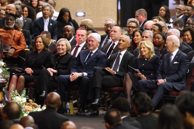 Seated from left are former Vice President Kamala Harris, former Secretary of State Hillary Clinton, former President Bill Clinton, former President Barack Obama, former first lady Jill Biden and former President Joe Biden at the funeral service for the Rev. Jesse Jackson at House of Hope in Chicago on March 6, 2026. (Terrence Antonio James/Chicago Tribune)