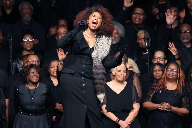 Jennifer Hudson sings at the homegoing service for the Rev. Jesse Jackson at House of Hope in Chicago on March 6, 2026. (Terrence Antonio James/Chicago Tribune)