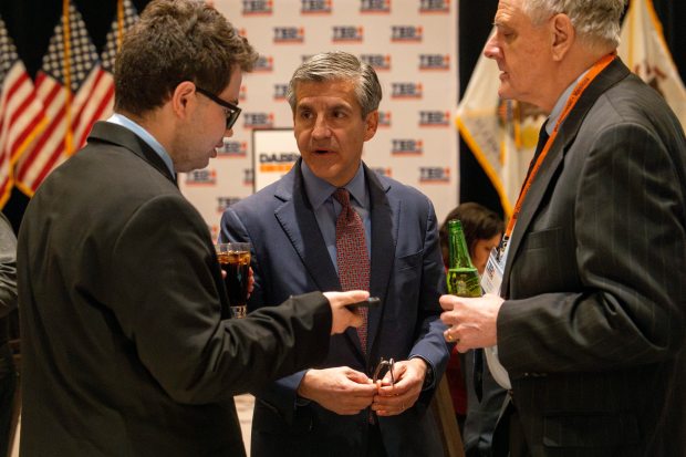 Republican gubernational candidate Ted Dabrowski speaks with members of his campaign during a watch party at The Westin in Rosemont, March 17, 2026. (Nate Swanson/for the Chicago Tribune)