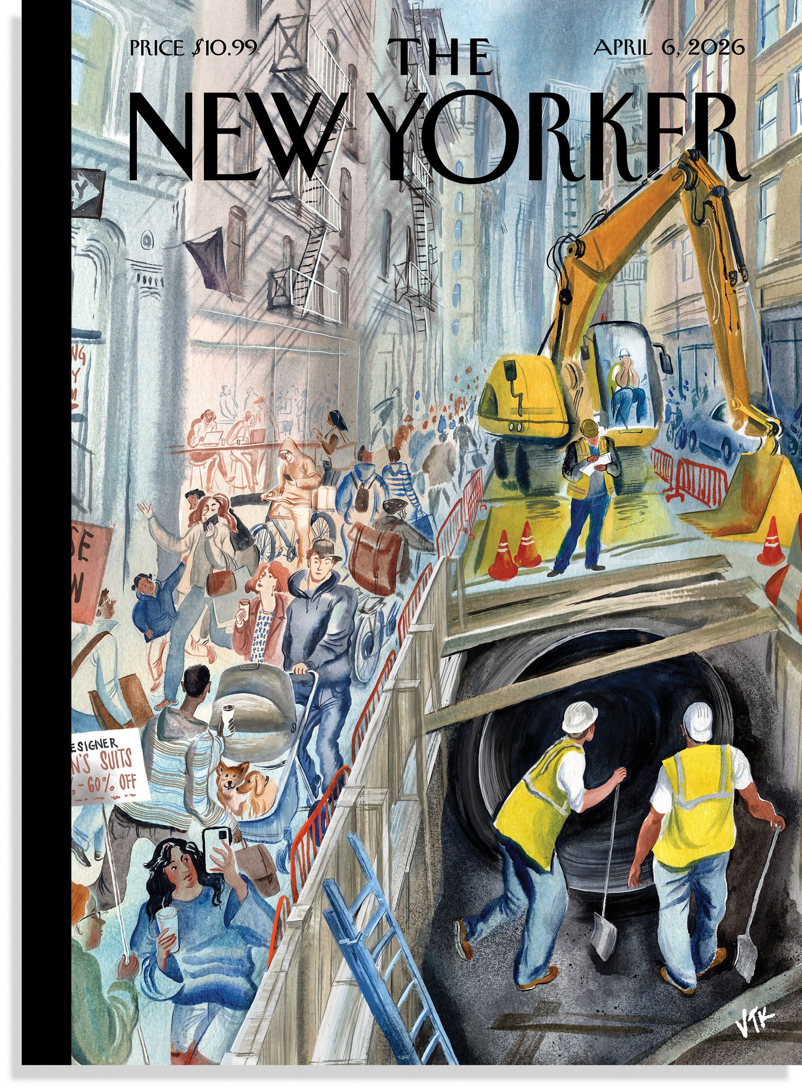 The cover of the April 6 2026 issue of The New Yorker in which construction workers toil under a city street as people...