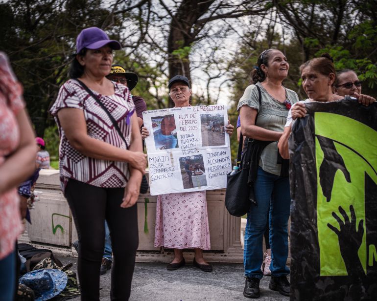 Rosalina González, 59, mother of Jonathan and Mario, who were detained under the state of exception on February 19, 2025, during ademonstration on March 8 2026 in San Salvador, El Salvador [Euan Wallace/ Al Jazeera]
