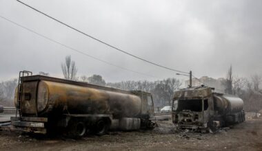 Damaged oil trucks in an oil storage facility after overnight strikes by U.S. and Israeli forces in Tehran, Iran, Sunday, March 8, 2026. The Israeli military struck several Iranian fuel sites, including oil storage depots, this weekend, which appeared to be the first attacks on the country’s energy infrastructure since the U.S.-Israeli war on Iran began. (Arash Khamooshi/The New York Times)