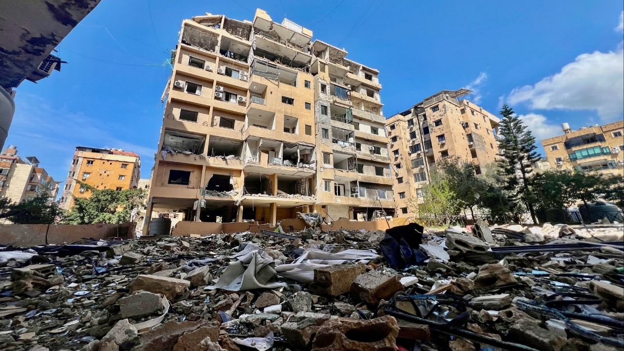 Debris and damaged buildings in the aftermath of overnight Israeli strikes, amid an escalation between Hezbollah and Israel, amid the U.S.-Israeli conflict with Iran, in Beirut's southern suburbs, Lebanon, March 24, 2026. Picture taken with a mobile phone. (Reuters/Stringer)