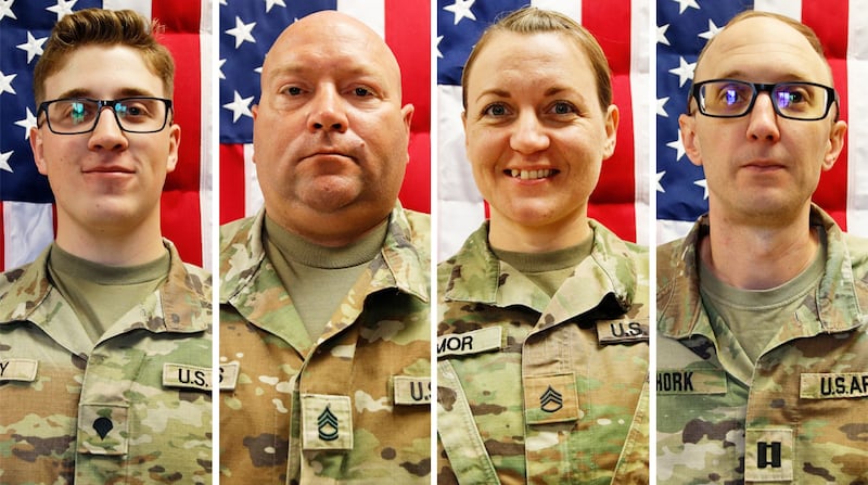 (L to R) Sgt. Declan J. Coady, Sgt. 1st Class Noah L. Tietjens, Sgt. 1st Class Nicole Amor and Capt. Cody Khork were killed March 1, 2026, at the Port of Shuaiba, Kuwait during a drone attack.