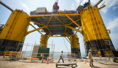 A construction crew works on Shell’s Vito platform at the Kiewit Offshore Services complex on April 6, 2022, in Ingleside, Texas. Credit: Brett Coomer/Houston Chronicle via Getty Images