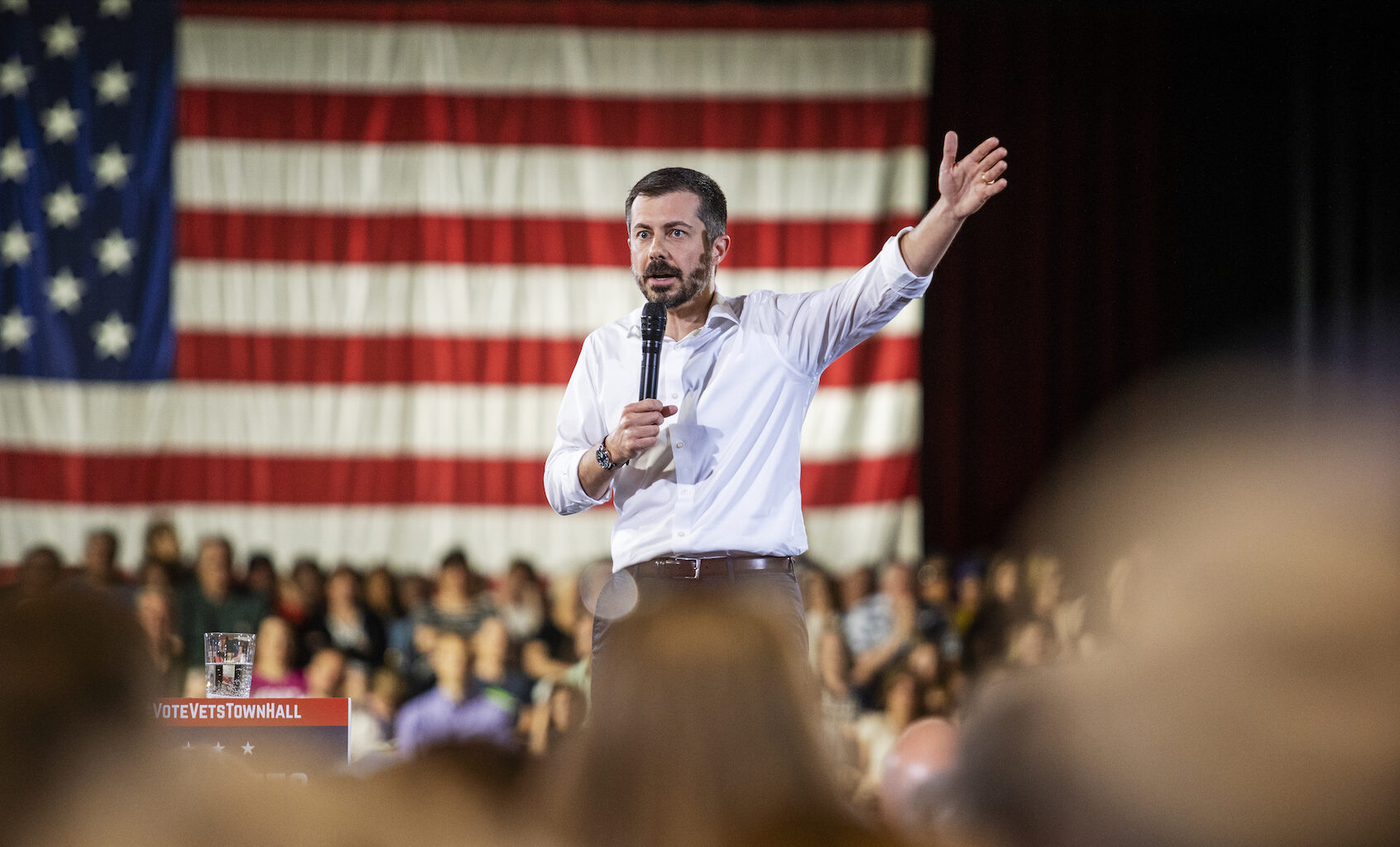 Pete Buttigieg speaks at a town hall in Cedar Rapids, Iowa on Tuesday, May 13, 2025. (Photo by KC McGinnis/Getty Images)