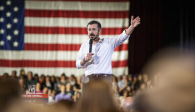 Pete Buttigieg speaks at a town hall in Cedar Rapids, Iowa on Tuesday, May 13, 2025. (Photo by KC McGinnis/Getty Images)