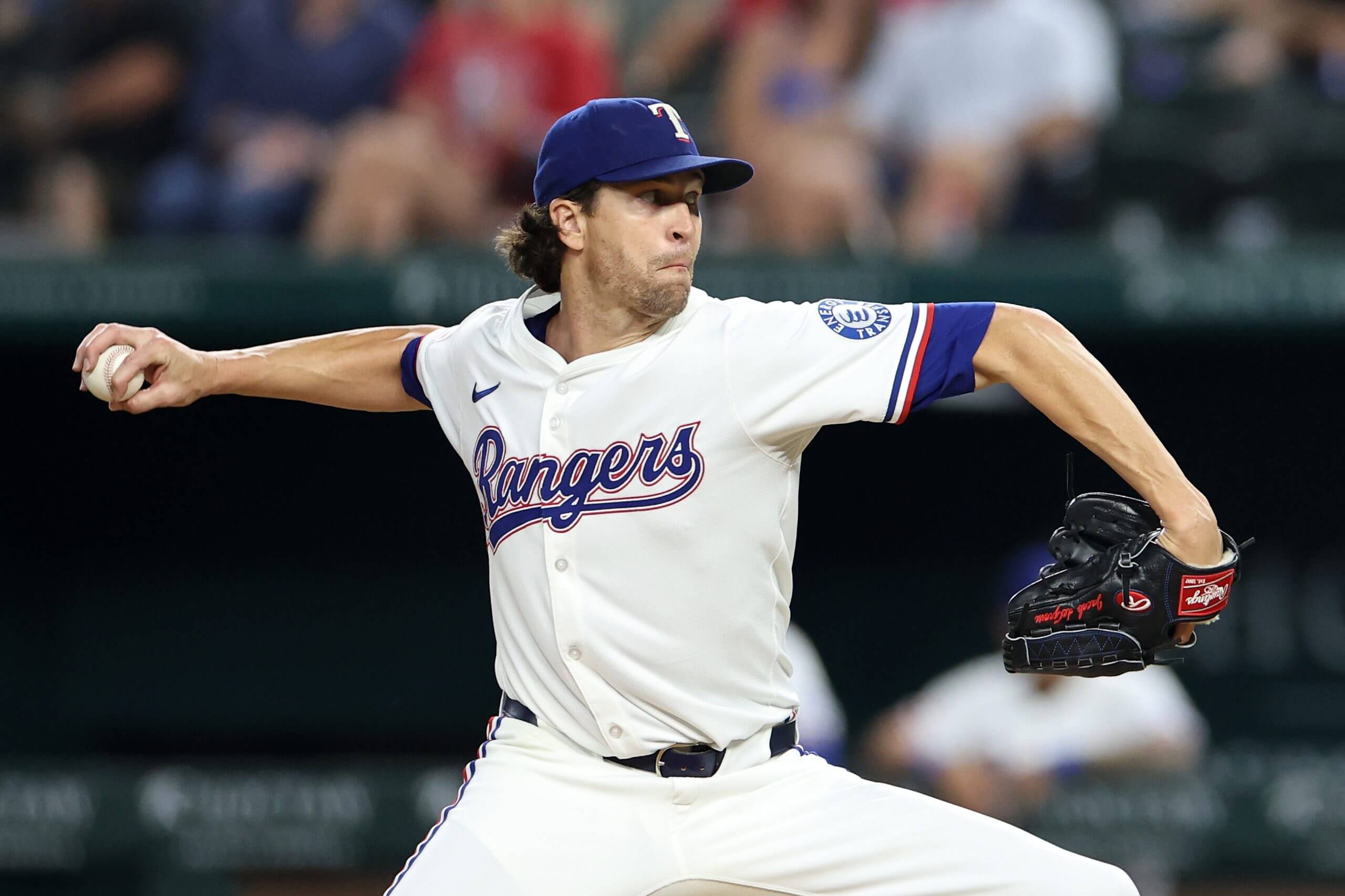 Jacob deGrom #48 of the Texas Rangers throws a pitch during the fourth inning against the Los Angeles Angels at Globe Life Field on August 25, 2025 in Arlington, Texas. 