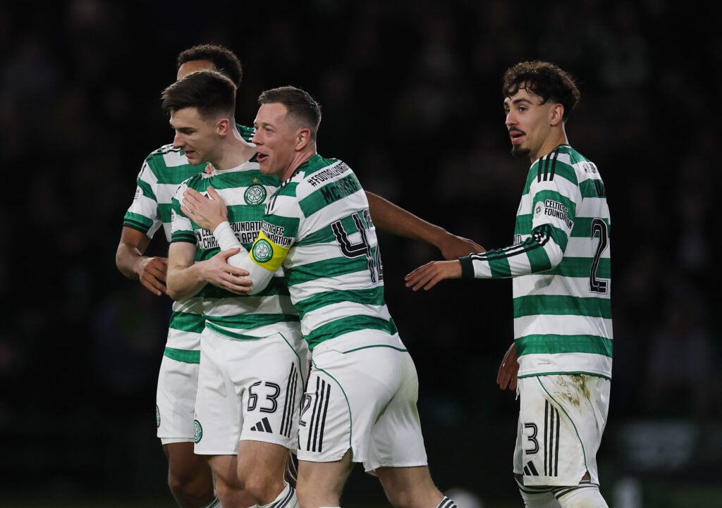 Kieran Tierney of Celtic is congratulated by team mates after he scores his team's second goal during the Premier League match between Celtic and Kilmarnock