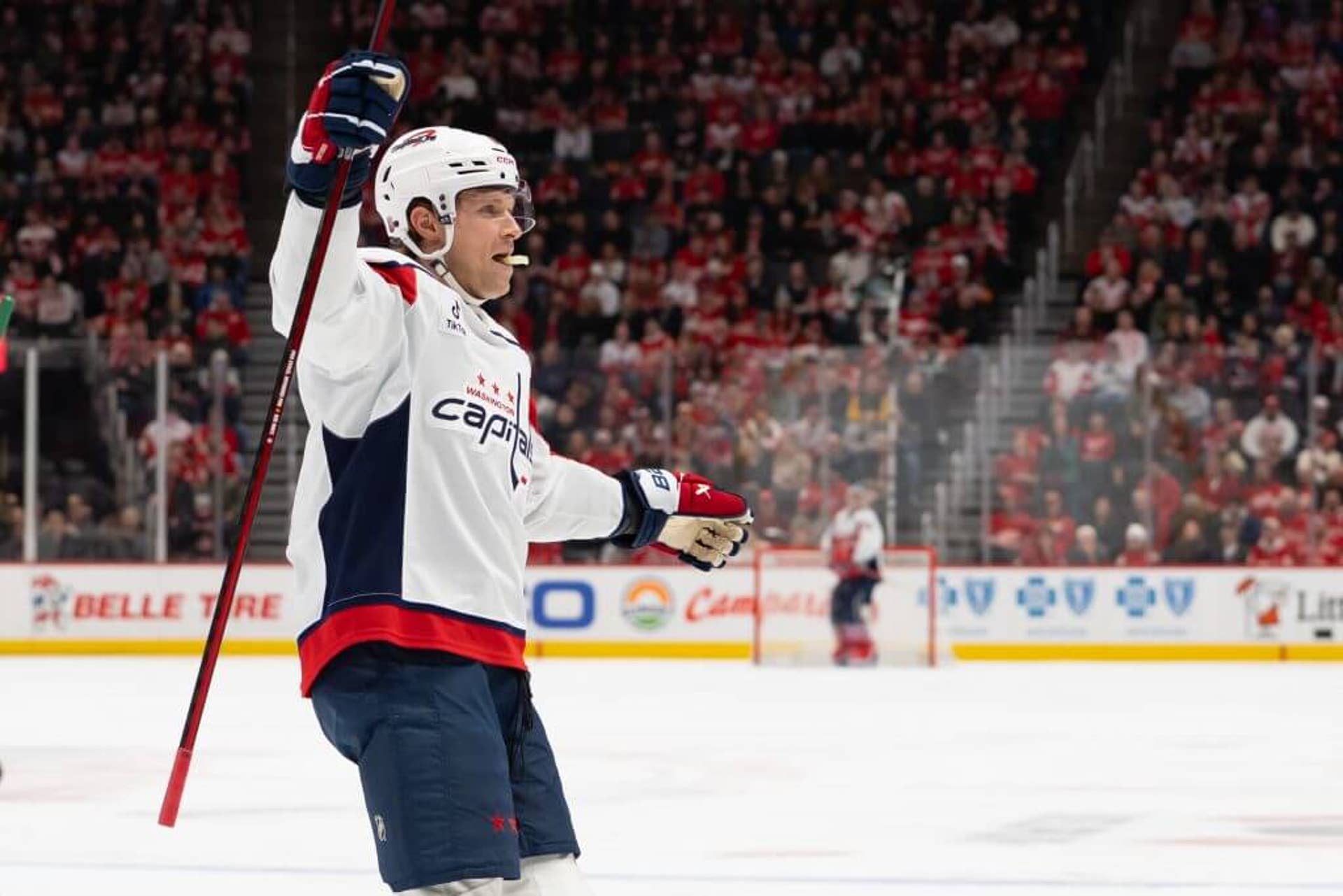 Nic Dowd of the Washington Capitals celebrates a goal against the Detroit Red Wings on Jan. 29, 2026.