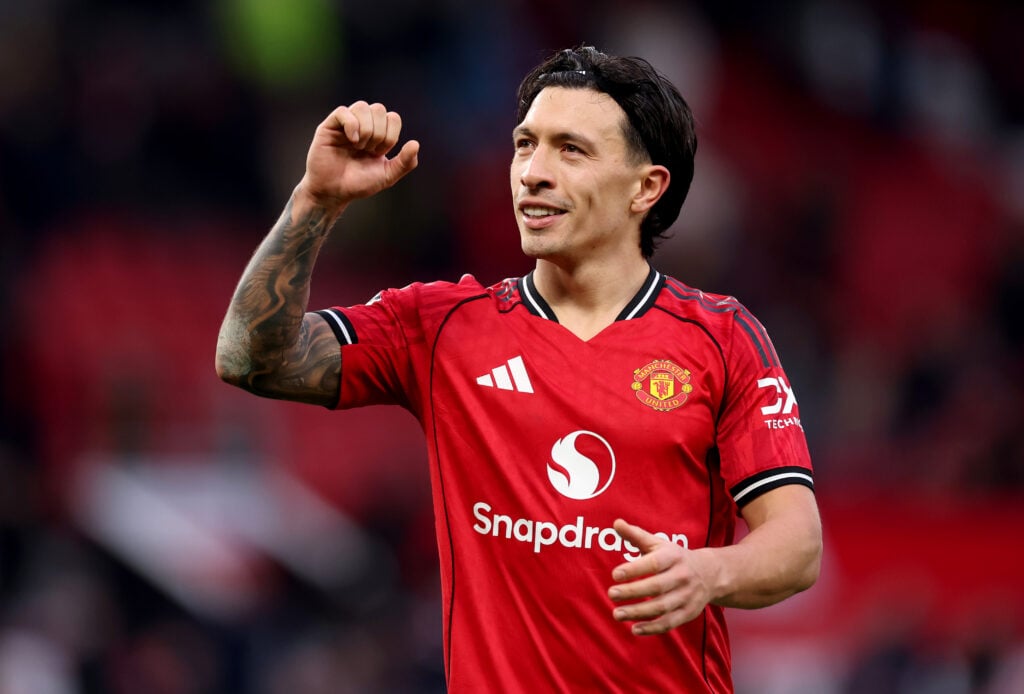 Lisandro Martinez during the Premier League match between Manchester United and Fulham at Old Trafford in 2026 in Manchester, England.