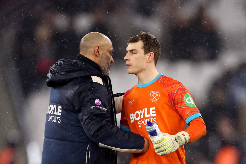West Ham boss Nuno Espirito Santo embraces goalkeeper Mads Hermansen after the draw with Bournemouth