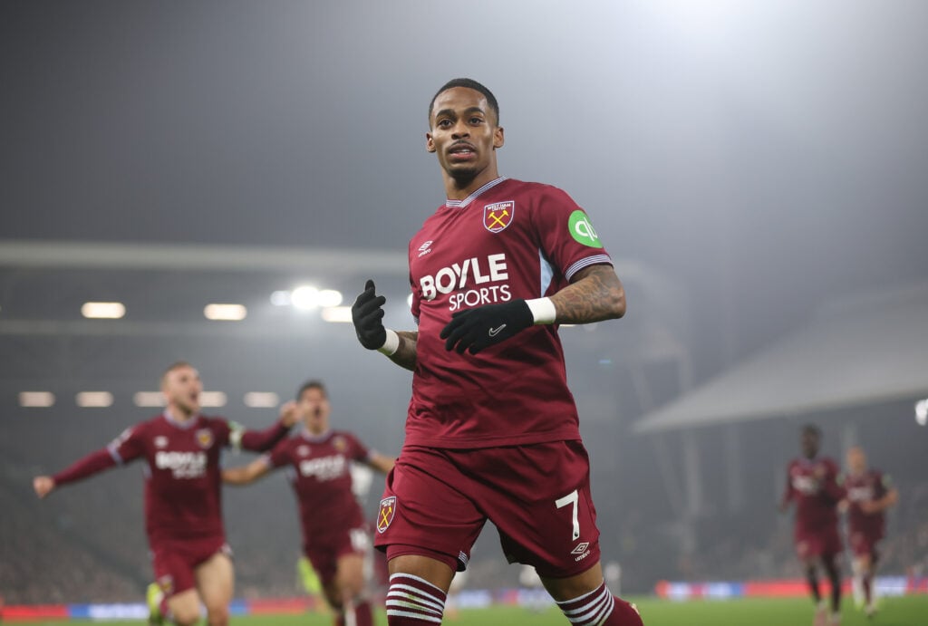 Crysencio Summerville celebrates after scoring for West Ham United against Fulham.