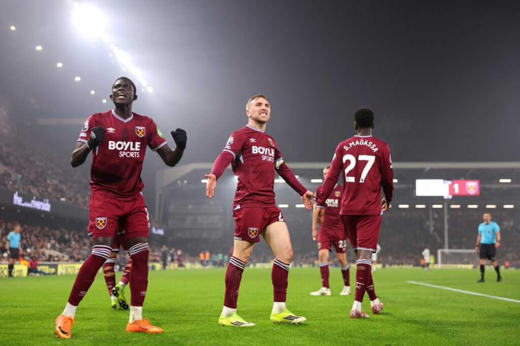 West Ham United players celebrate after Crysencio Summerville scores against Fulham.
