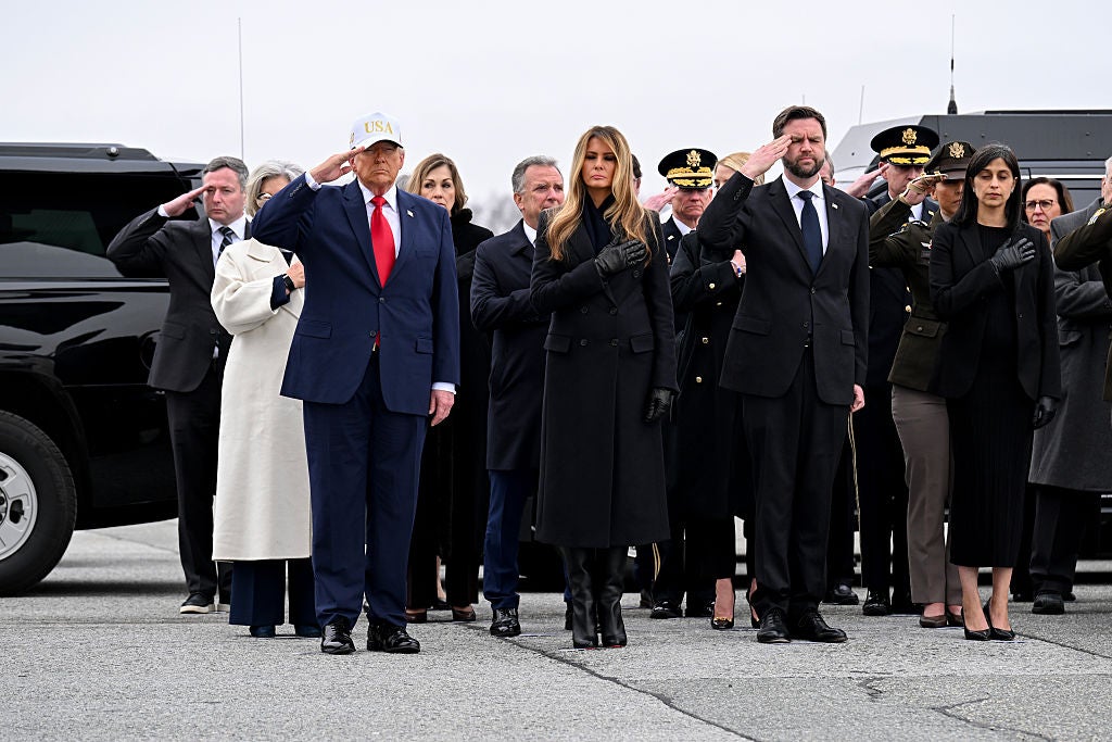 President Donald Trump and Vice President JD Vance attend a dignified transfer ceremony for U.S. service members on March 7, 2026