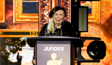 Joni Mitchell accepts the Lifetime Achievement award onstage during the 2026 JUNO Awards.