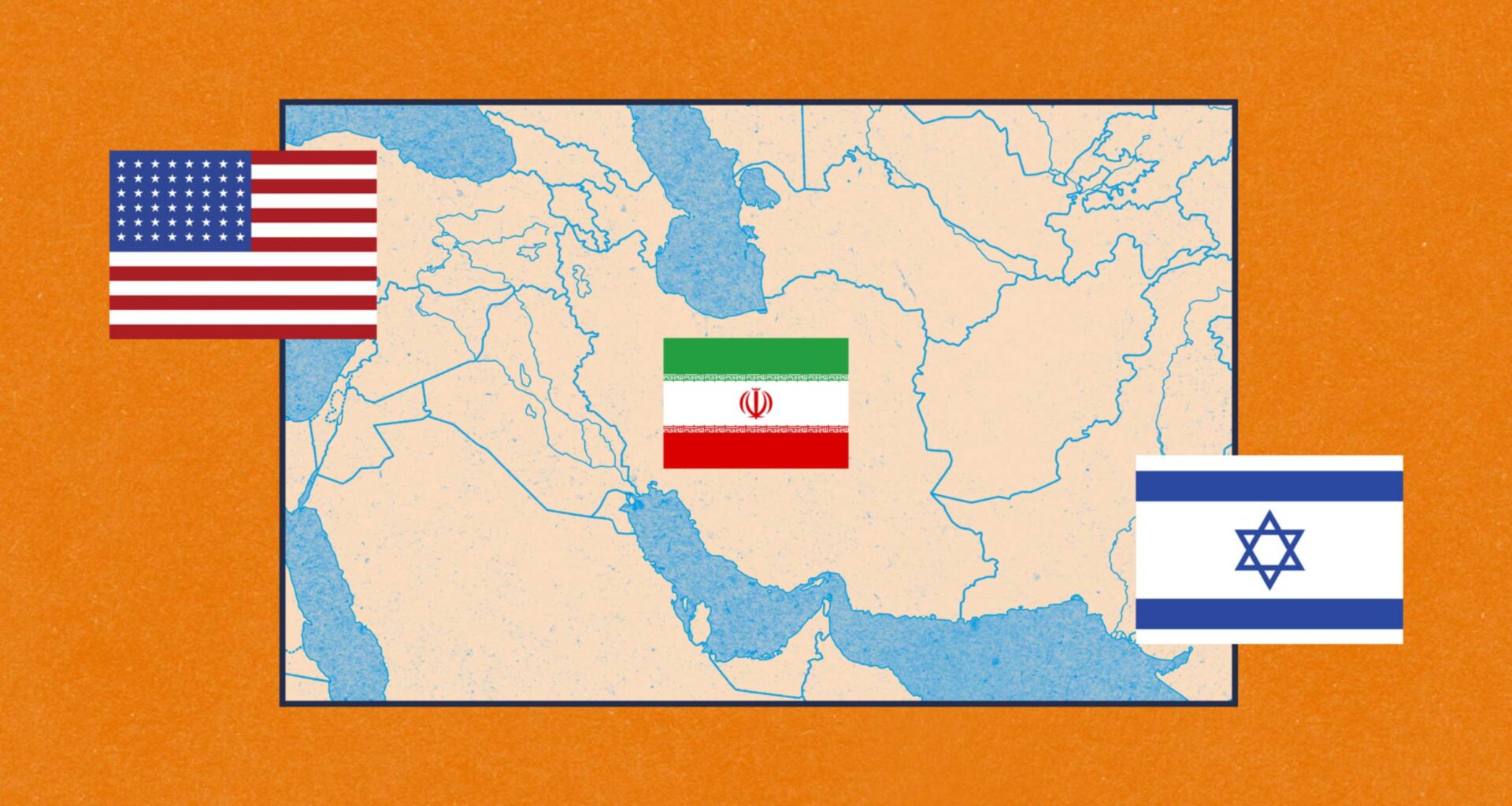 Illustration of a map of the middle east overlayed with the flags of the United States, Iran and Israel