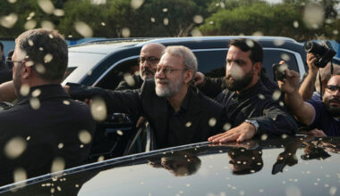 FILE - Ali Larijani, center, secretary of Iran's Supreme National Security Council, gestures as Hez...