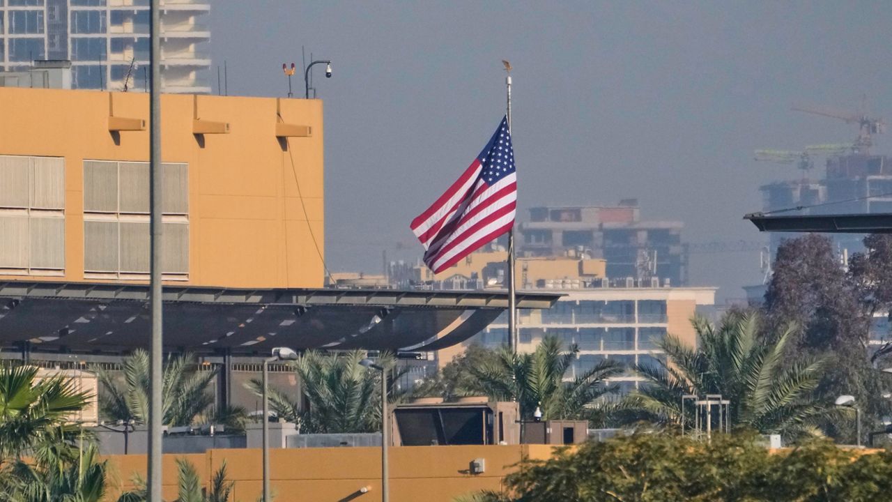 U.S. Embassy is seen across the Tigris River in Baghdad, Tuesday, March 17, 2026. (AP Photo/Hadi Mizban)