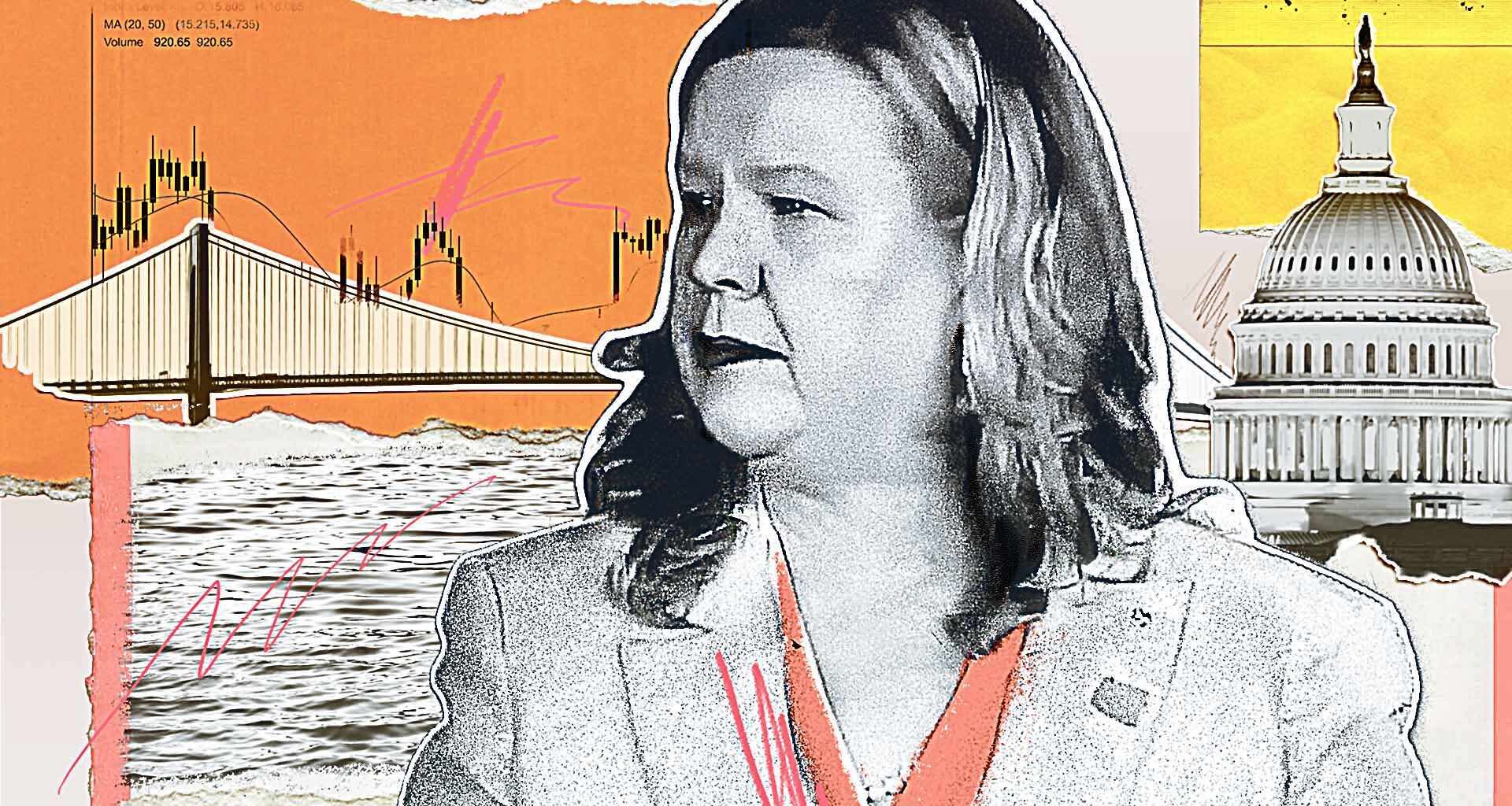 A photo illustration with an image of Janice Charette in the foreground, and a bridge and the U.S. Capitol dome in the background.