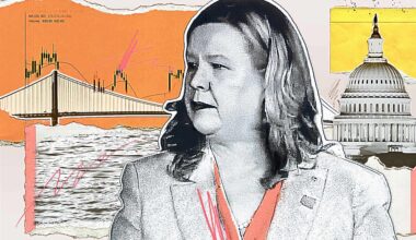 A photo illustration with an image of Janice Charette in the foreground, and a bridge and the U.S. Capitol dome in the background.