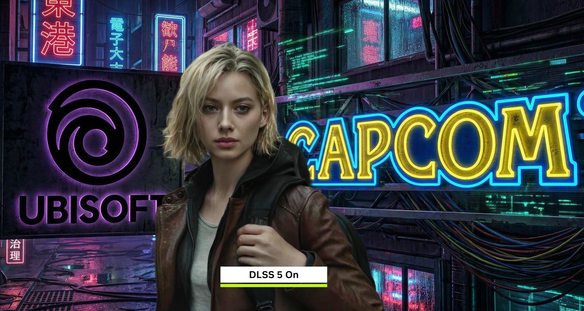 Resident Evil Requiem protagonist enhanced with NVIDIA DLSS 5 in front of Ubisoft and Capcom logos