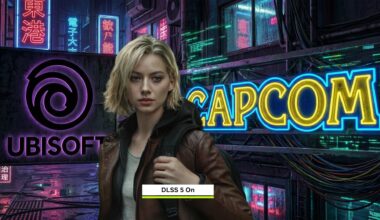 Resident Evil Requiem protagonist enhanced with NVIDIA DLSS 5 in front of Ubisoft and Capcom logos