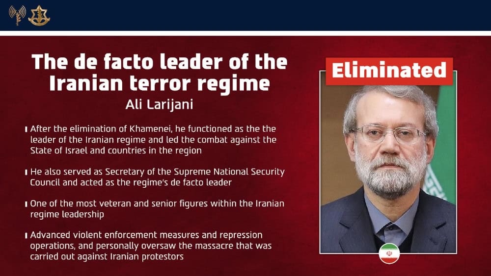 Israeli strikes eliminate Iranian security chief Larijani and Basij commander Soleimani